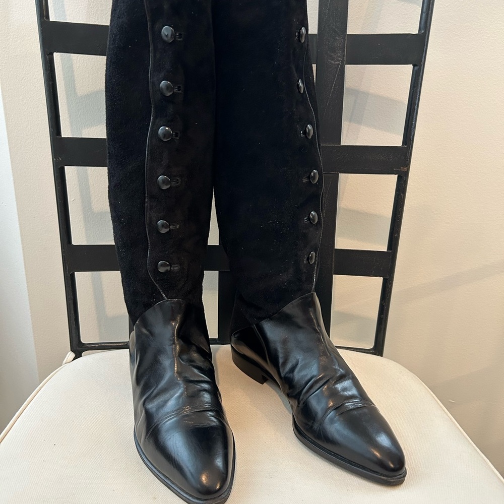 Bally Black Leather & Suede Knee Boots with Button Detail